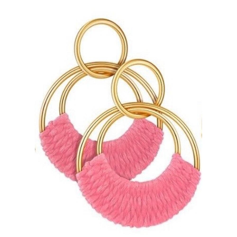 Pink Raffia Wrapped Circle Drop Earrings